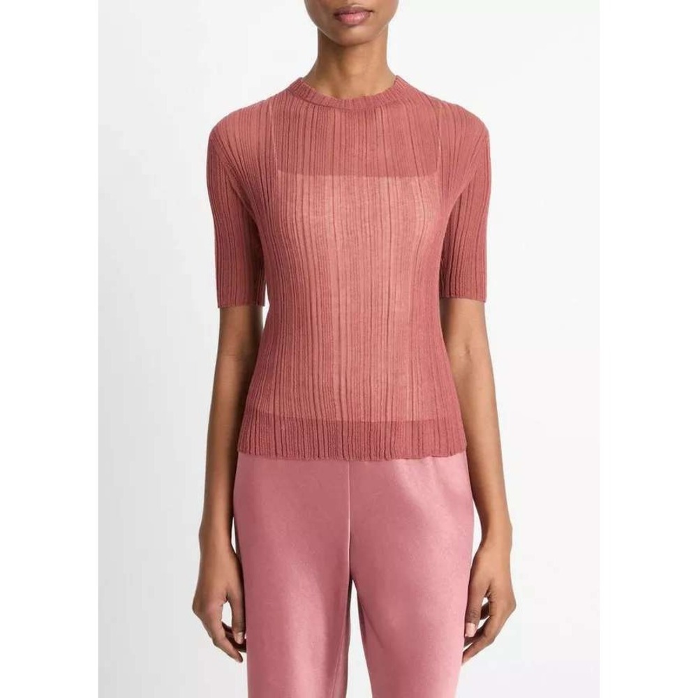 Vince Italian Yarn Crinkle Texture Short Sleeve Top Terracotta Small V109779736